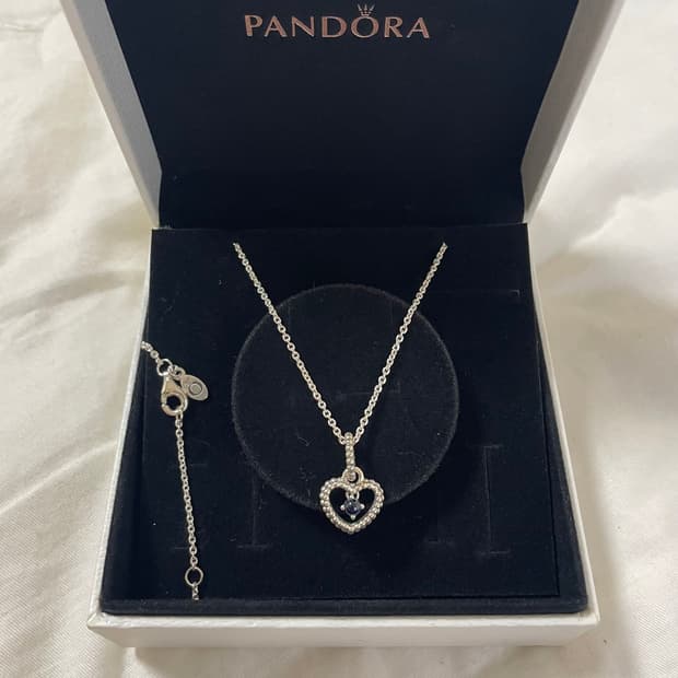 판도라 정품 탄생석 목걸이 하트펜던트+체인 세트 실버925순은 사파이어
