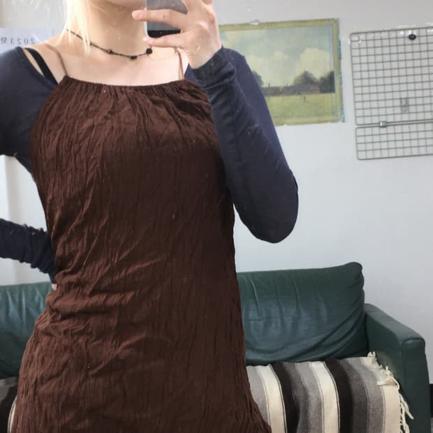 투티/0152 브라운 주름 셔링 롱원피스