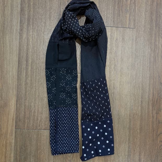 Black Sashiko Pattern Mixed Cotton Scarf