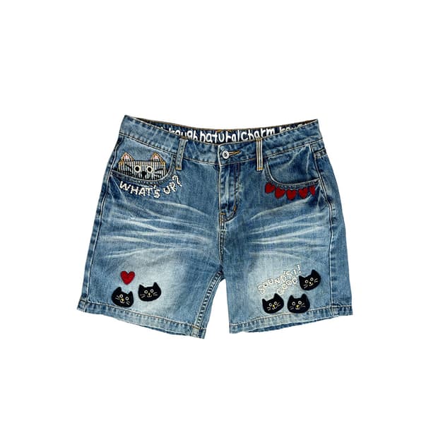 rough cute cats wappen point denim short