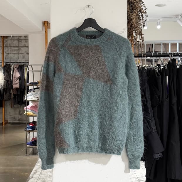 컬러 민트 브라운 배색 패턴 모헤어 니트