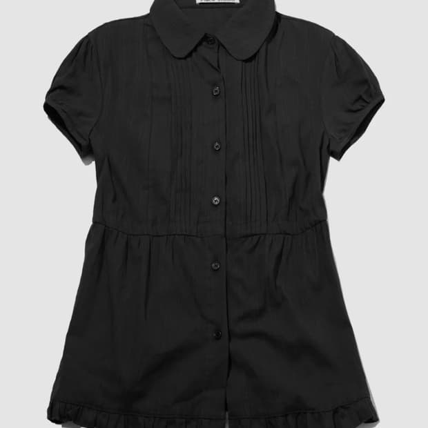 플레이스 스튜디오 퍼프소매 크롭 스트링 프릴 반팔 블라우스 셔츠 블랙