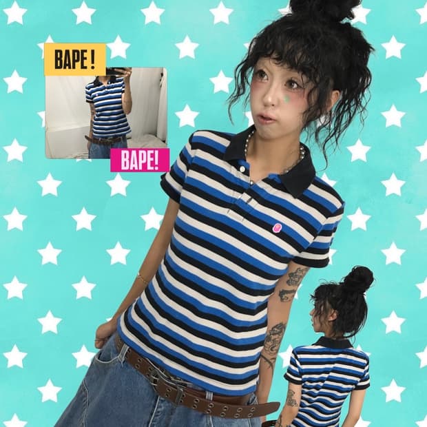 < BAPE Stripe Saru Pk T-shirt ( 핏 레전드입니다