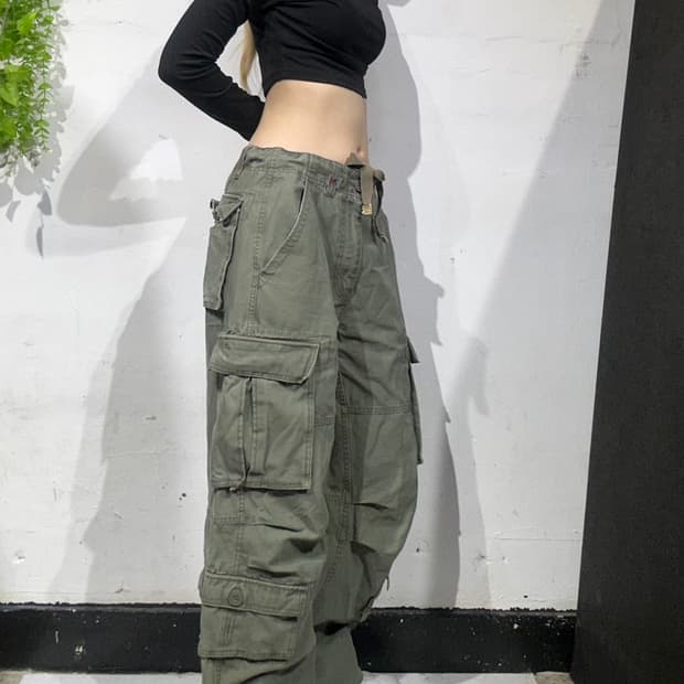 빈티지 카키 유틸리티 멀티 포켓 와이드 카고 팬츠 