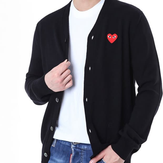 꼼데가르송 레드하트 와펜패치 울 니트 가디건 XL