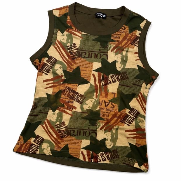 y2k 밀리터리 그래픽 슬리브리스 탑 