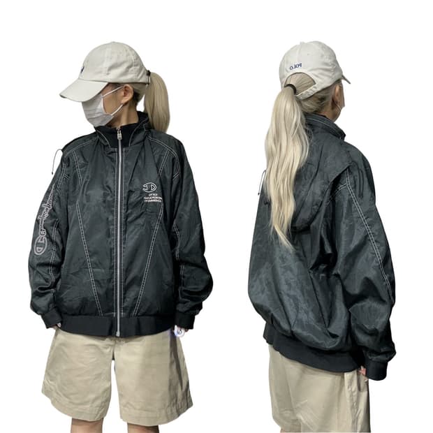 챔피온 올드스쿨 블랙 화이트 로고 트랙 오버핏 바람막이 자켓 XL