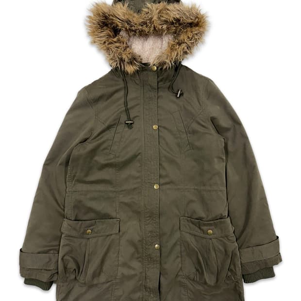 빈티지 CLEF DE SOL 카키 퍼 후드 집업 야상