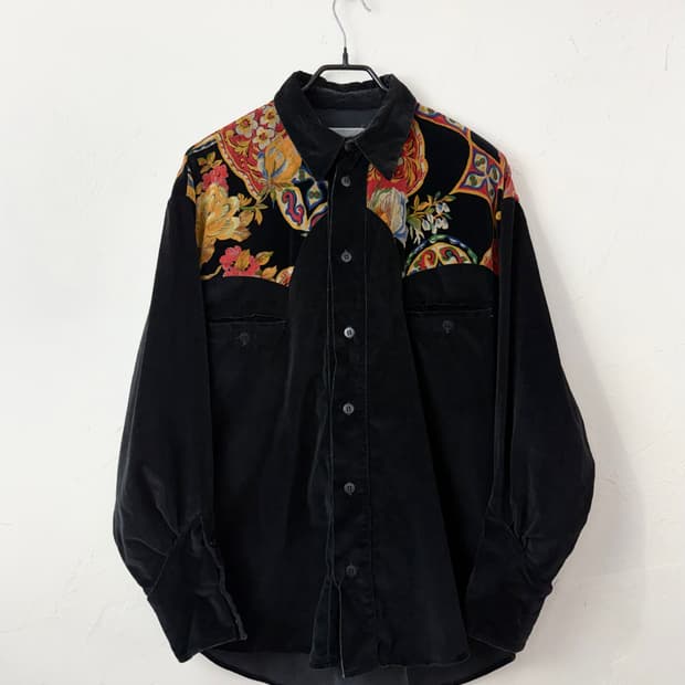 90s 프랑스 메이드 바로크 플로럴 요크 벨벳 웨스턴 셔츠