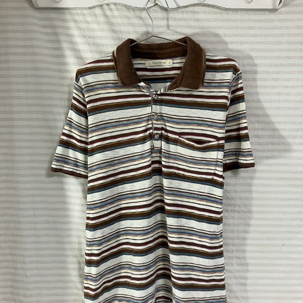 빈티지 브라운 스트라이프 카라 반팔 1059 모리걸 y2k 스트릿 갸루 