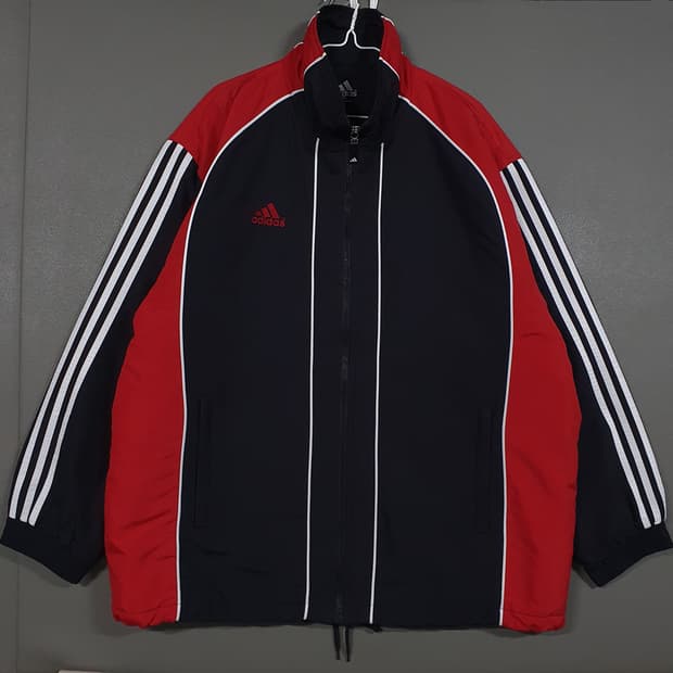 실측 3XL) 아디다스 올드스쿨 EQT PA 배색 삼선 누빔 점퍼 오버핏