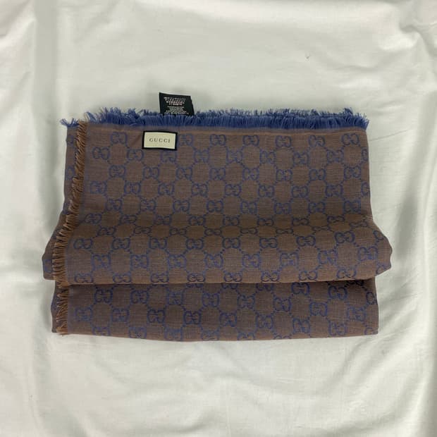 구찌 GG 자카드 울 실크 블루 브라운 스카프 