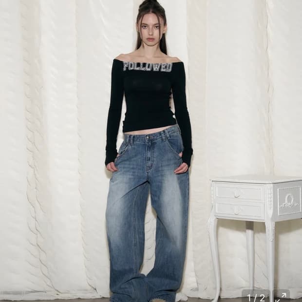 플리즈노팔로우 데미지 워싱 와이드 데님 워시드 블루