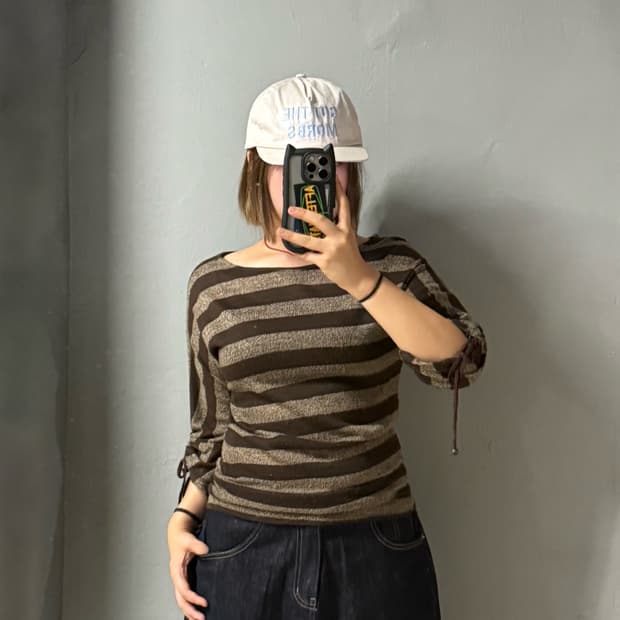 brown stripe pattern shirring detail top