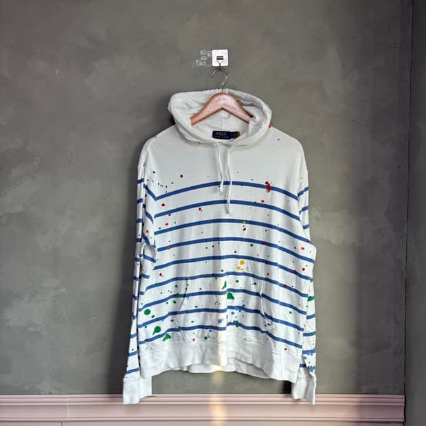 폴로 랄프로렌 스트라이프 페인트 스플라터 후드 화이트