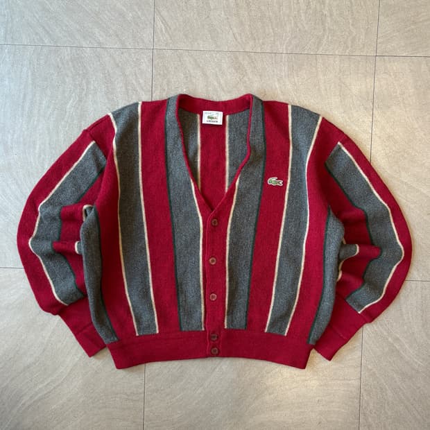 라코스테 그레이 , 버건디 스트라이프 울 가디건 자켓 해
