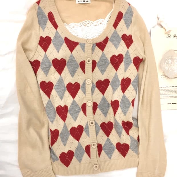 빈티지 하트 아가일 가디건