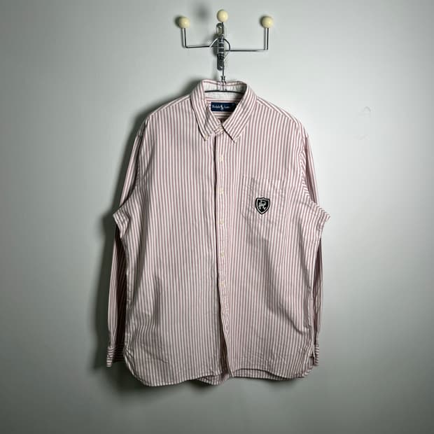 POLO 폴로 랄프로렌 딥핑크 화이트 스트라이프 로고 패치 셔츠 XL