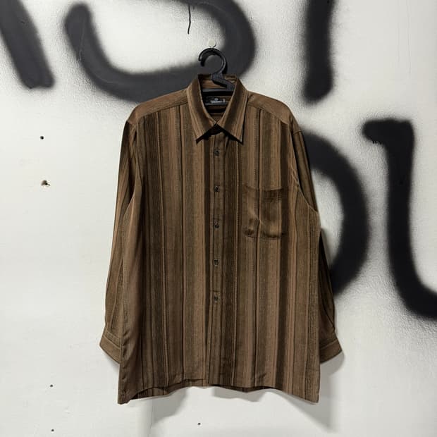 VTG 빈티지 다크 브라운 스트라이프 폴리 원포켓 긴팔 셔츠