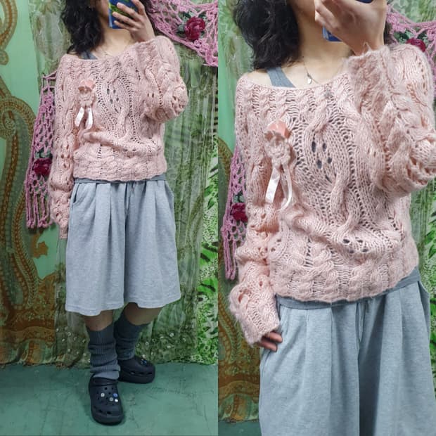 로제트 코사지 니트 스웨터 핑크