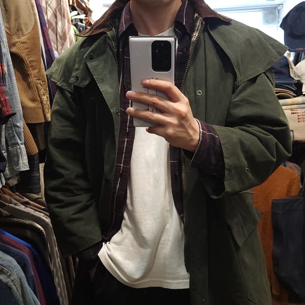 90s 잉글랜드 컨트리 왁스자켓 스톡맨 케이프 레인코트 올리브 그린 m