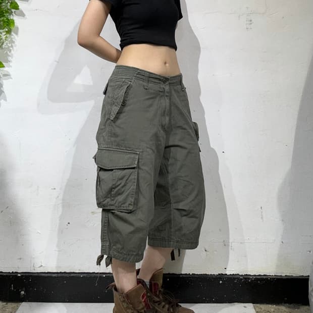 빈티지 올리브 카키 와이드 카고 반바지 버뮤다 팬츠