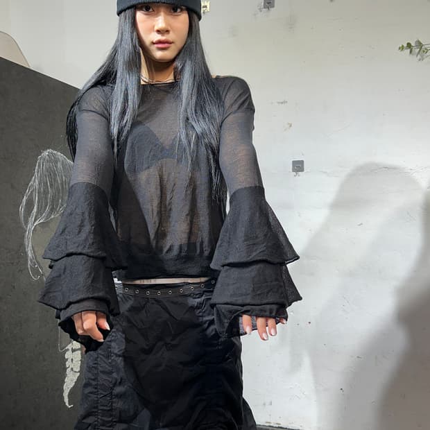 Jpn mydress 시스루 프릴 디테일 슬리브 탑 M