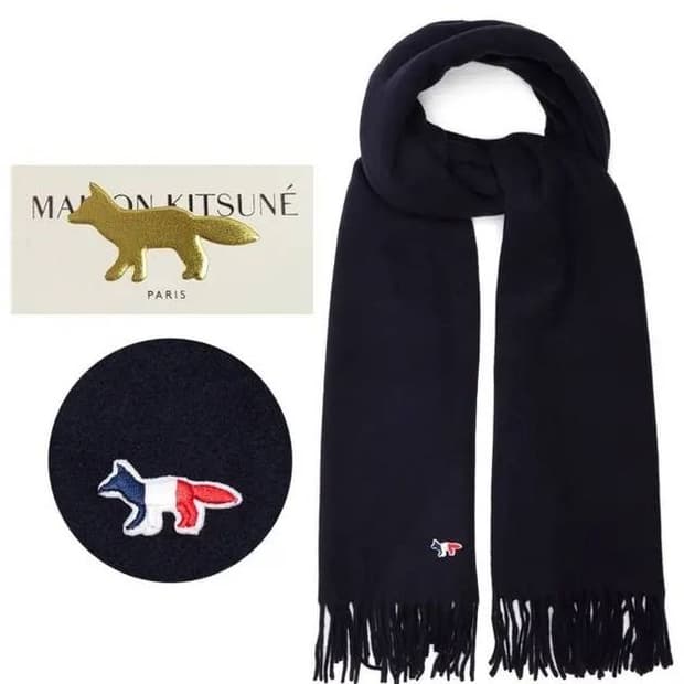 메종 키츠네 트리컬러 폭스 울 머플러 네이비