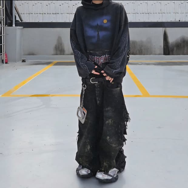 발렌시아가 슈퍼 하드 디스트로이드 데님 팬츠 청 바지 진 라지 배기 블랙