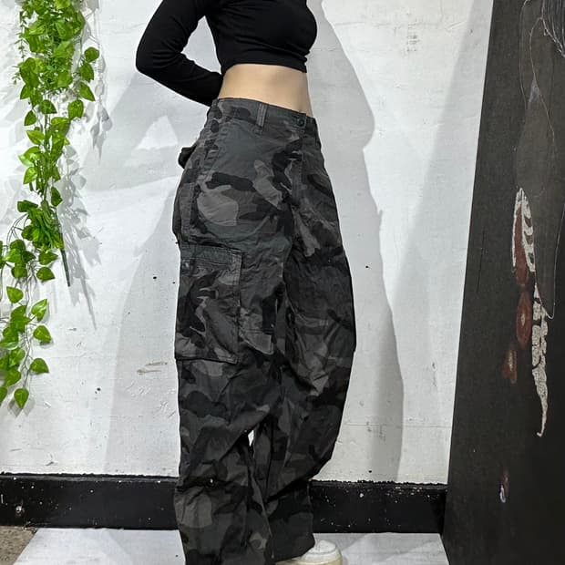 일본빈티지 VACHEC 카키 밀리터리 카모 와이드 카고 팬츠 군대 바지 