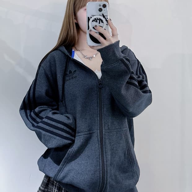 아디다스 그레이 삼선 후드집업