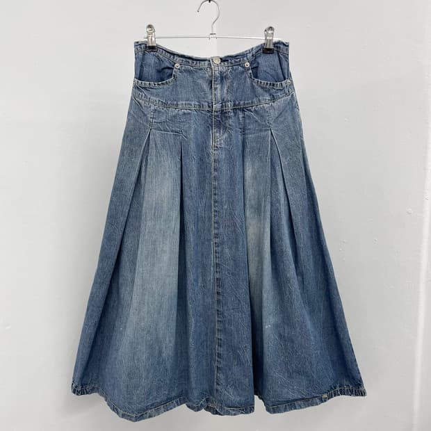 워싱 데님 핀턱 롱스커트
