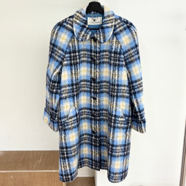 쿠레쥬 블루 체크 카라넥 울 코트