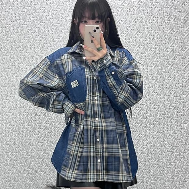 맥우드건 레이버 컨트리 레트로 패치워크 데님 체크 셔츠 M C10521