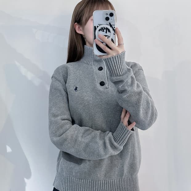 폴로랄프로렌 네이비포니 그레이 버튼 반집업 니트