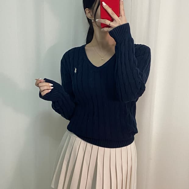 폴로 네이비 포니 꽈배기 니트
