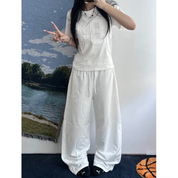 에이블리 레이스 트랙 라인 넘버 패치 밴딩 트레이닝 팬츠 (새상품)