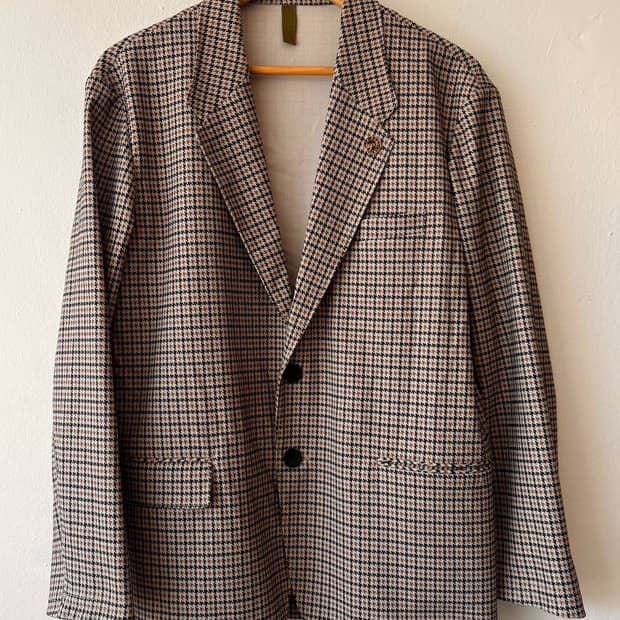 커스템멜로우  베이지 하운드투스체크 간절기자켓
