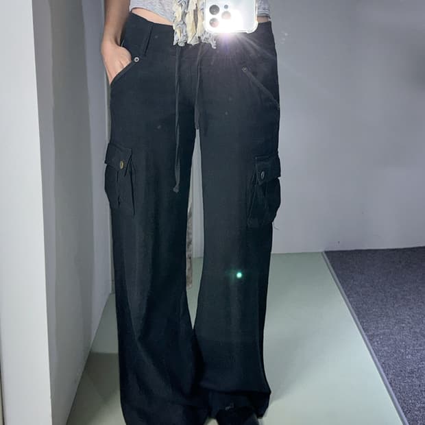 black linen low rise flare cargo pants