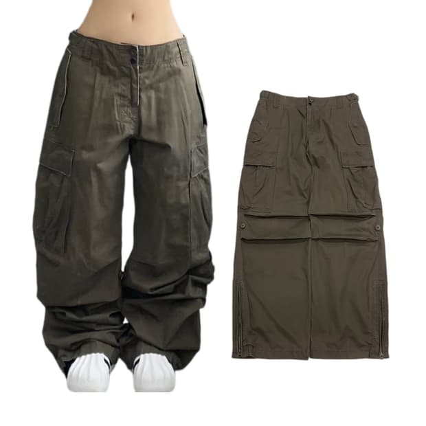 탄창 Y2K 빈티지 브라운 와이드 카고팬츠