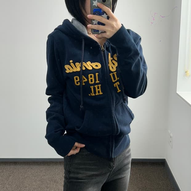 Who A U 옐로우 레터링 네이비 후드집업