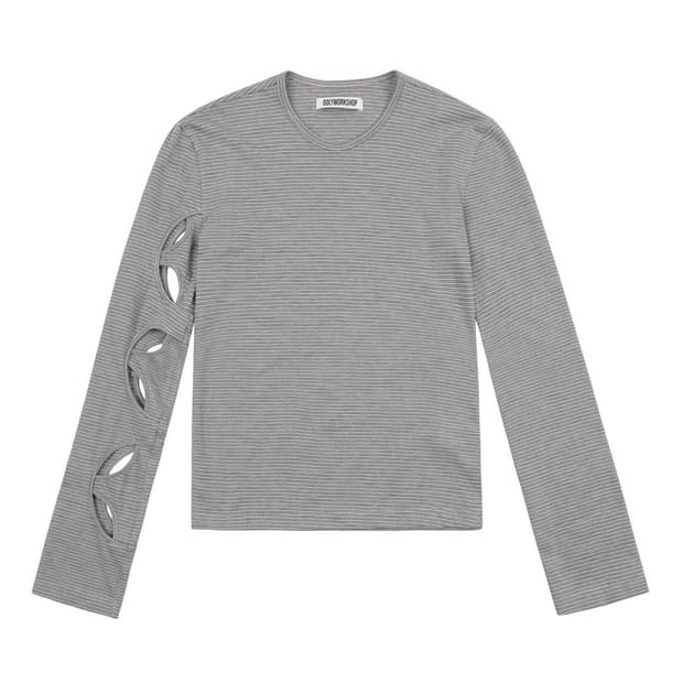 Pink & Khaki Stripe Long Sleeve Cutout T