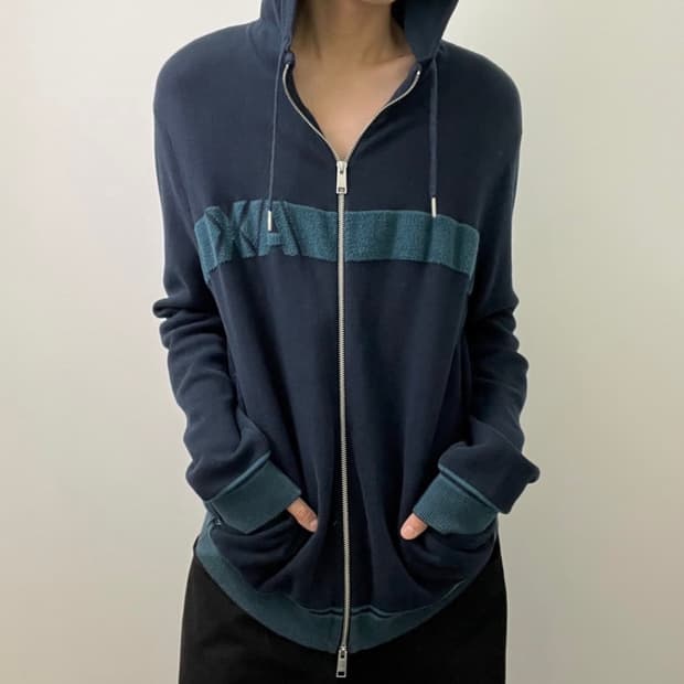 아르마니 익스체인지 네이비 블록 AX 로고 후드집업 XL