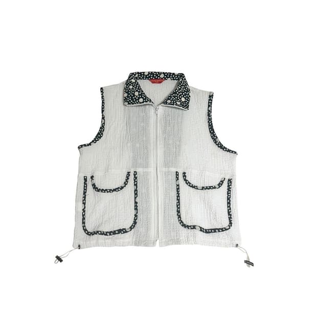 유니크 도트 카라 배색 빈티지 집업 베스트