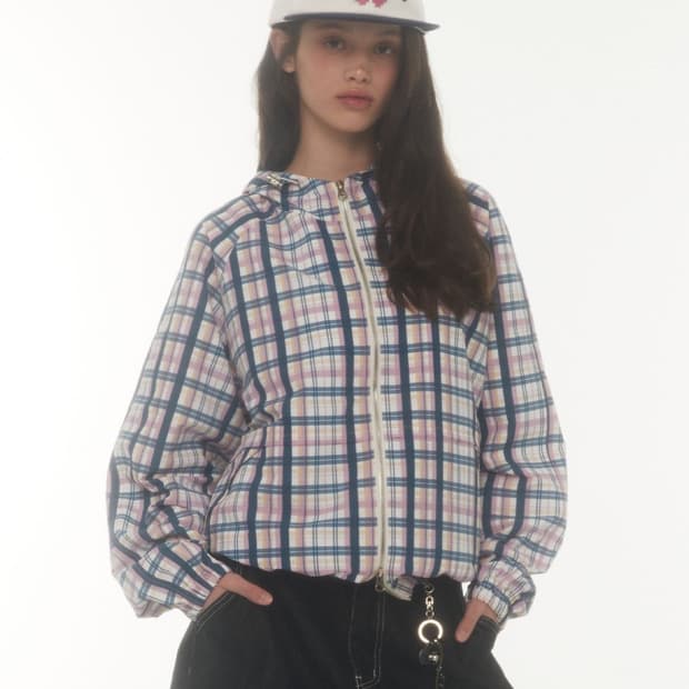 미드나잇무브 ch jacket (pink) 체크 바람막이 자켓