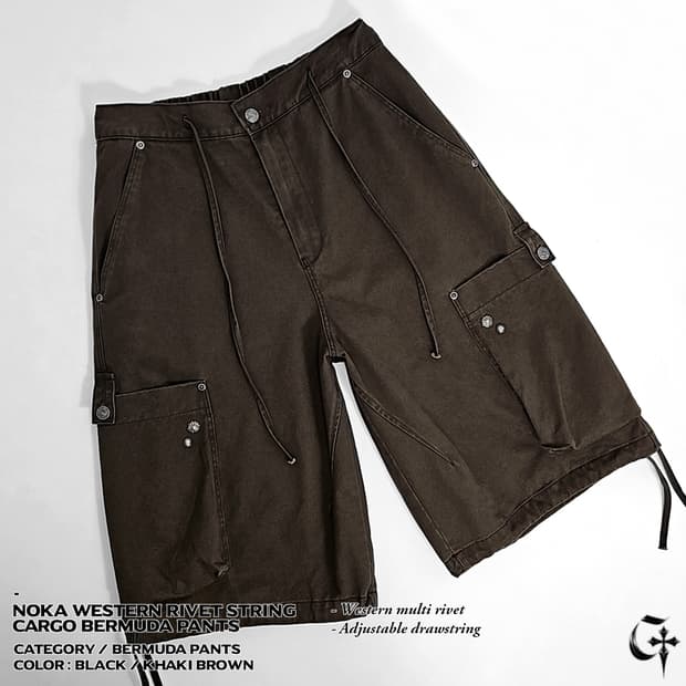Noka 웨스턴 리벳 스트링 카고 버뮤다 팬츠 (khaki brown)