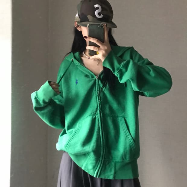 폴로 그린 오버핏 후드집업