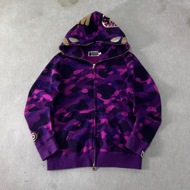 90 베이프 샤크 퍼플 카모 샤크 후드집업