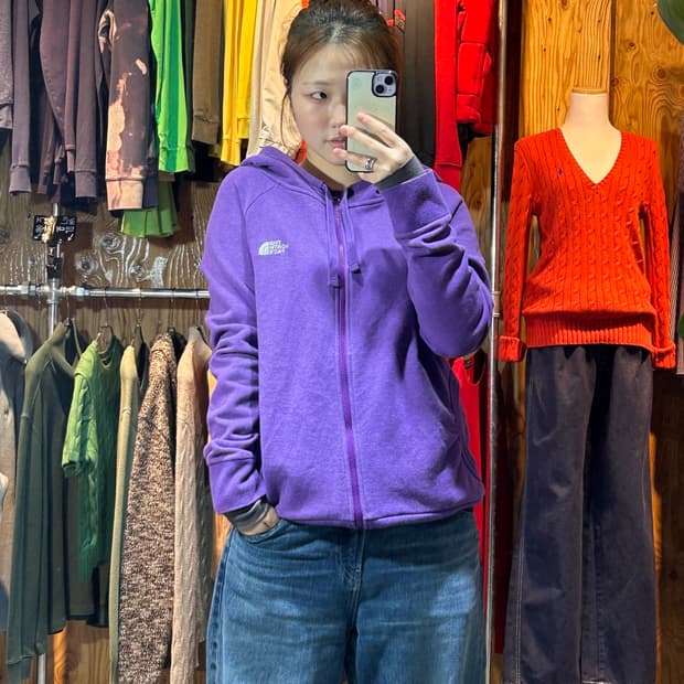 L 노스페이스 스몰로고 퍼플 코튼 후드집업