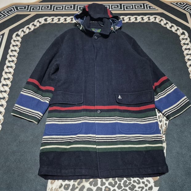 (희귀)90's Bean Pole 아즈텍 스트라이프 블랭킷 울 코트 L